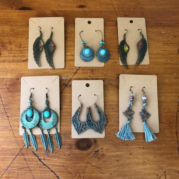 Set of 6 Boho Vintage Style Dangle Earrings Set Feathers Tassels Turquoise NWOT - Picture 1 of 16